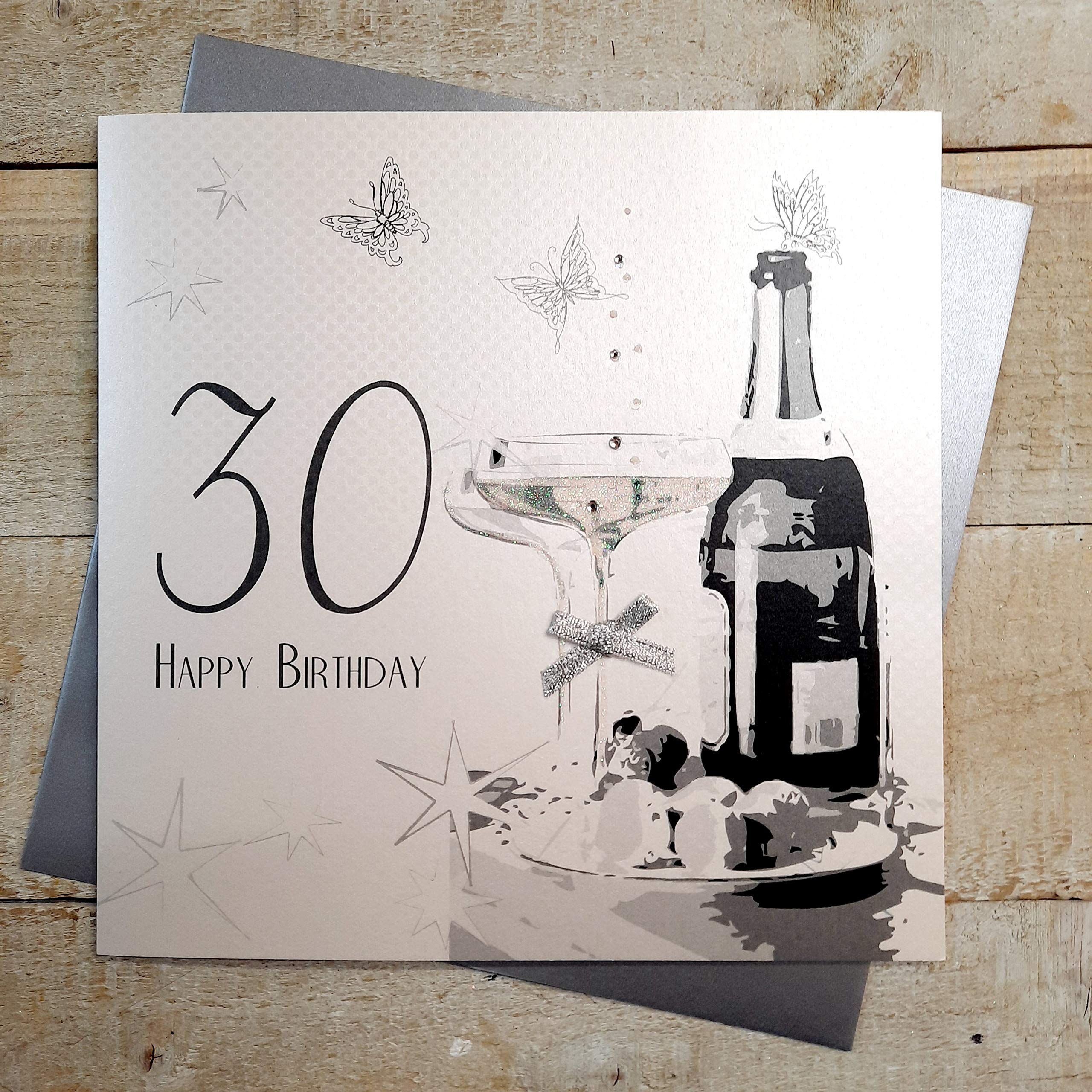 white cotton cards Code XDSA30 Large 30th Birthday Card Champagne and Chocolates