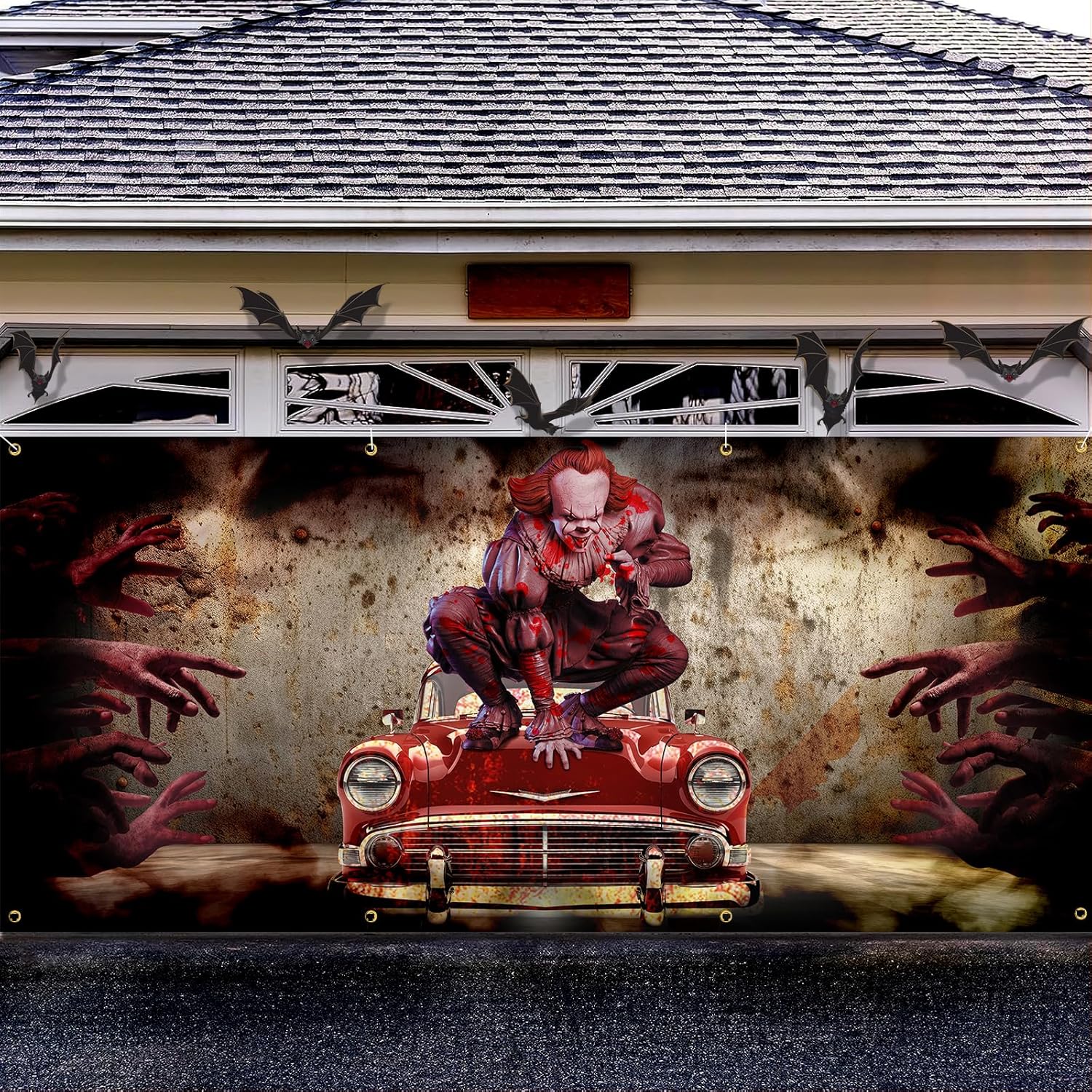 Garage Door Decorations - Halloween Garage Decorations Door Banner 16 x 7 ft, Horror Clown Garage Door Decorations Cover Scary Movie Joker Clown Halloween Backdrop Background for Photo Halloween Party Outdoor Banner