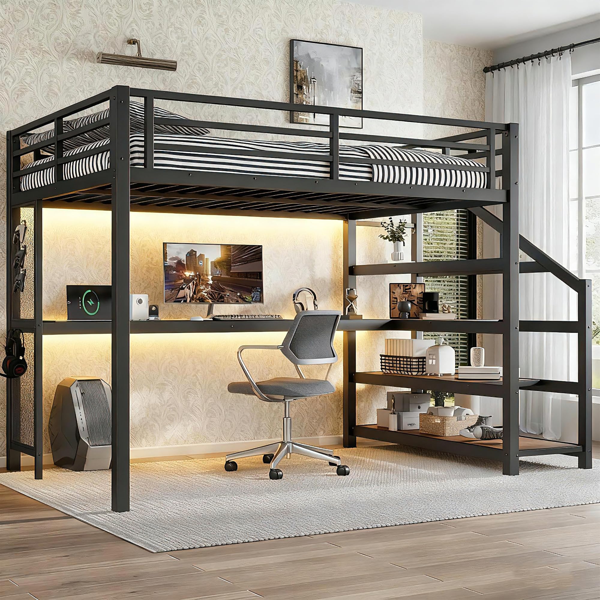 Photo 1 of 
PARTIAL SET BOX 2 OF 2 

Bellemave Metal Queen Size Loft Bed with Desk and Storage Stairs,Heavy Duty Loft Bed Frame Queen Size with LED Lights and Charging Station for Kids,Teens,Adults,Black Desk
