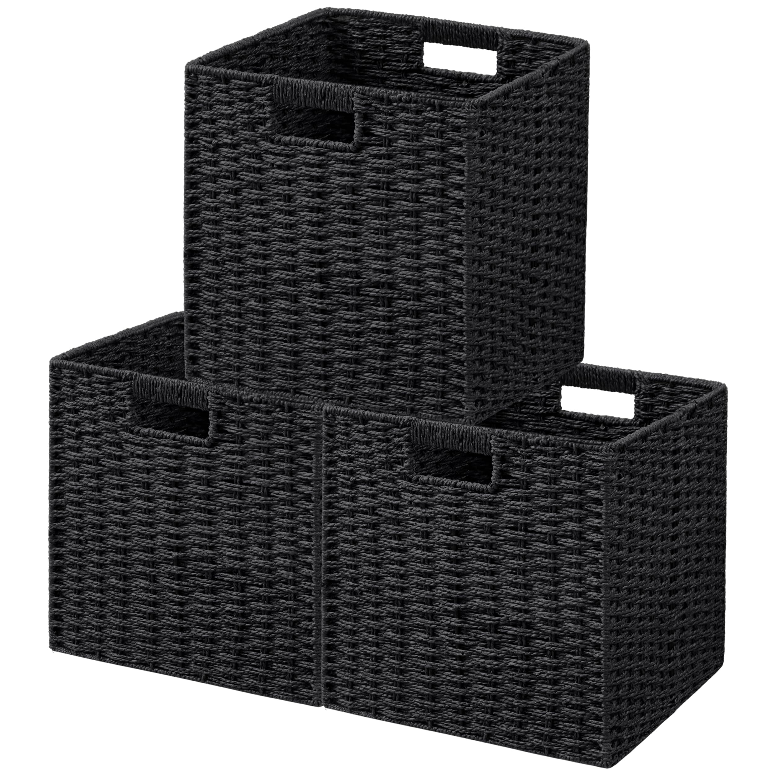 UBBCARE 3 Pack Wicker Basket, 11.8L×11.8H×11W inch Woven Paper Rope Storage Baskets for shelves, Foldable Cube Storage bin with Handle, Storage Basket for Organizing & Decor, Black