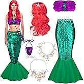 Wehhbtye 7 Pcs Halloween Mermaid Costume for Women Adult, Mermaid Tube Top Skirt Costume with Curly Wig and Sequin Purse, Shell Necklace Bracelet Waist Chain for Halloween Cosplay Dress Up Theme Party