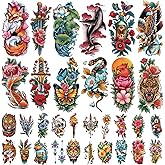 77 Sheets Temporary Tattoos Adult Kids Old School Skull Tiger Sword Cat Eagle Snake Lotus Flower Butterfly Half Arm Realistic Fake Tattoos Sticker for Women Men