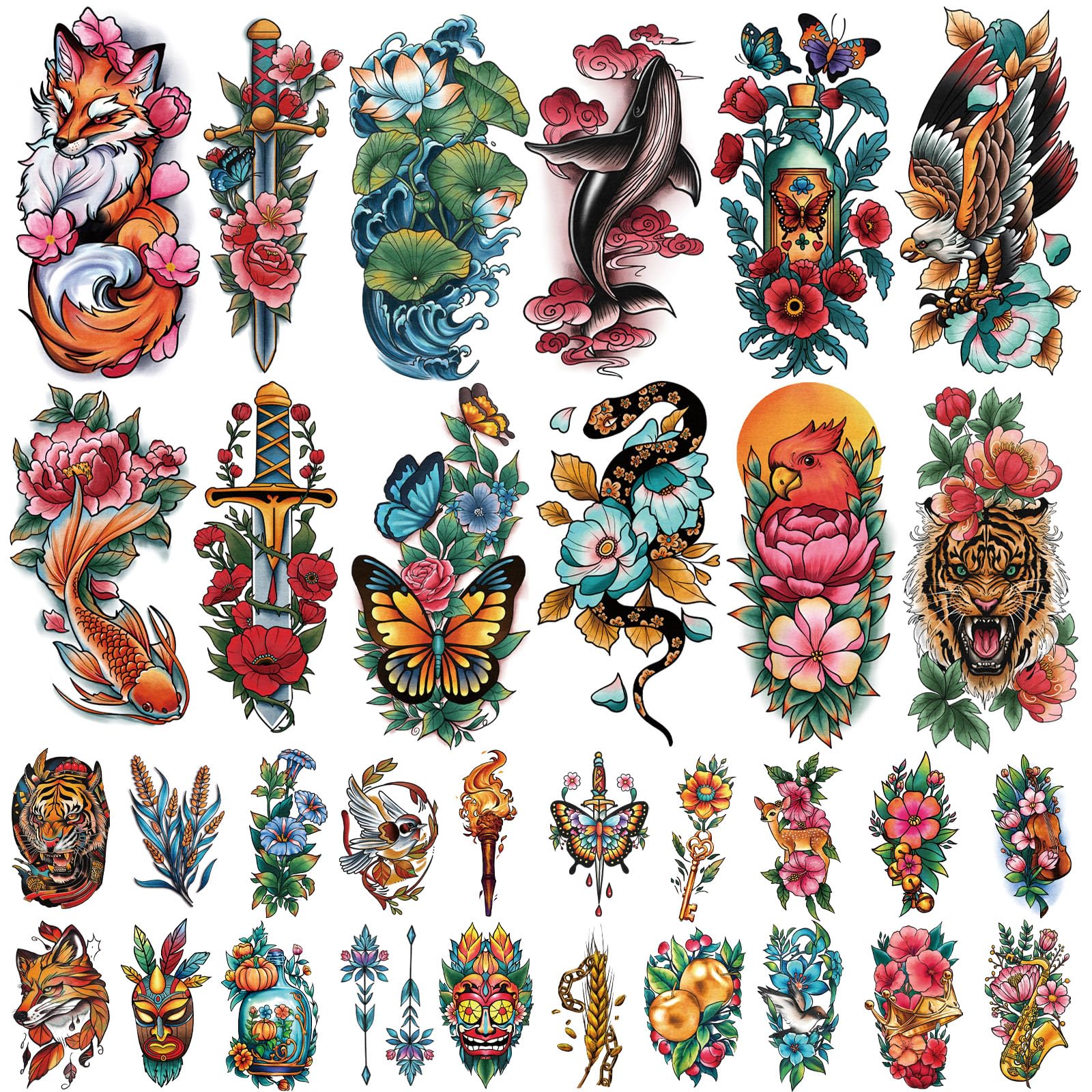 Photo 1 of 77 Sheets Temporary Tattoos Adult Kids Old School Skull Tiger Sword Cat Eagle Snake Lotus Flower Butterfly Half Arm Realistic Fake Tattoos Sticker for Women Men