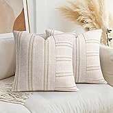 AELS 18x18 Decorative Farmhouse Linen Throw Pillow Covers, Boho Textured Pillow Case, Set of 2, Beige with White & Brown Stripe Patchwork Cushion Cover for Sofa Couch Living Room (Cover ONLY)