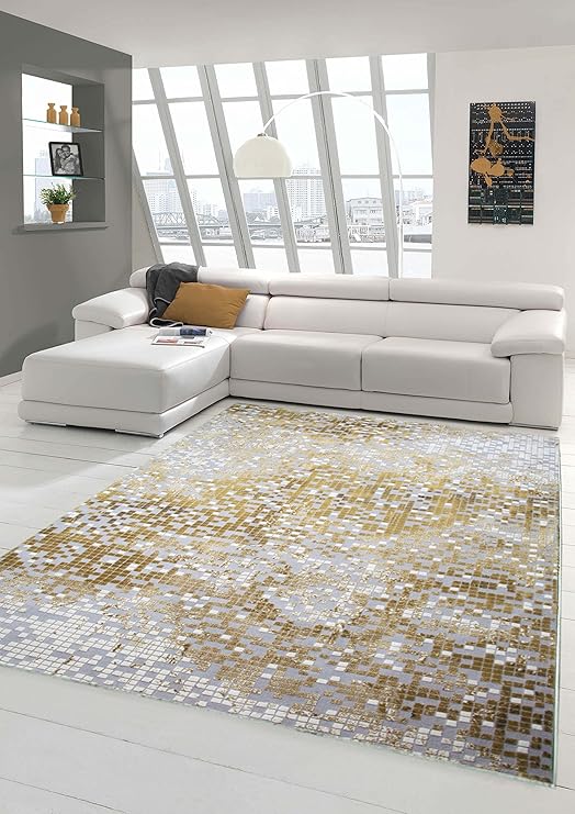 Traum Teppich Designerteppich Moderner Teppich Wohnzimmerteppich Kurzflor Mit Konturenschnitt Kariert In Grau Gelb Weiss Grosse 200x290 Cm Amazon De Kuche Haushalt