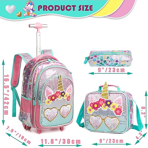 Meetbelify Unicorn Rolling Backpack for Girls Wheels Backpacks for
