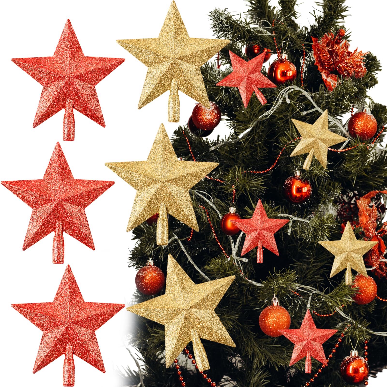6 Pcs Tree Topper, Mini Glitter Christmas Tree Topper Holiday Treetop Shatterproof Star Gold & Red Decorative for Party Christmas