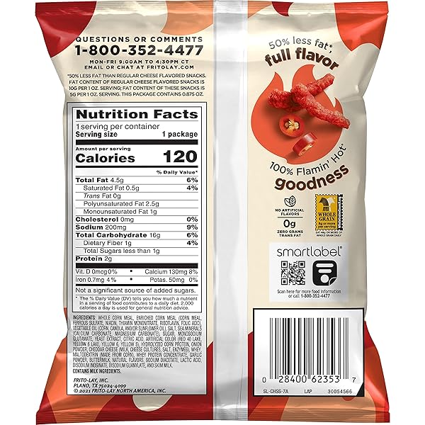 LAY’S BAKED CHEETOS OVEN BAKED CRUNCHY WHOLE GRAIN FLAMIN’ HOT CHEESE FLAVORED SNACKS, 0.875 OUNCE (PACK OF 104)