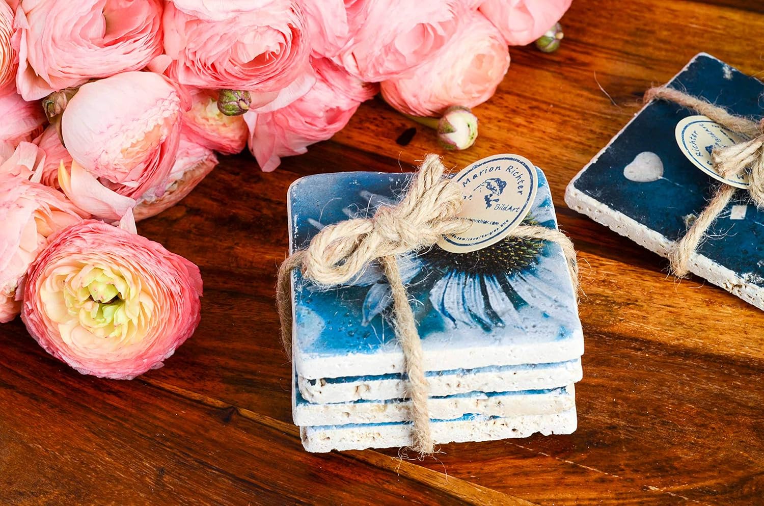 personalisierte Foto Fliese, 4er Set Untersetzer aus Travertin Stein