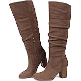 Erocalli Suede Knee-High Boots Fall Boot For Women Chunky Block High Heel Slouch Fashion Boot Round Toe Side Zipper