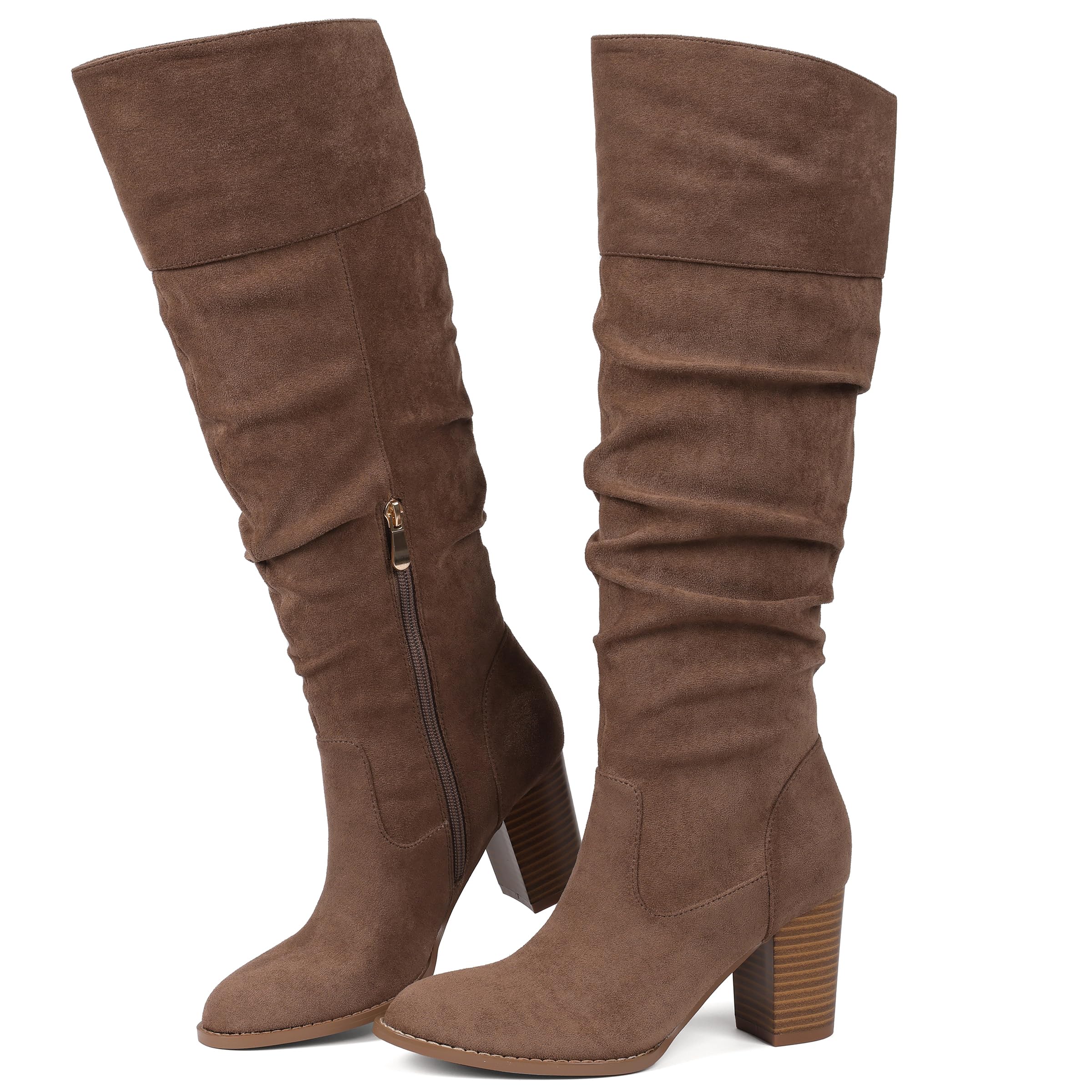 Photo 1 of Erocalli Taupe Women's Knee-High Boots Fall Suede Chunky Heel Wide Calf Tall Long Round Toe Slouchy Style - 7.5