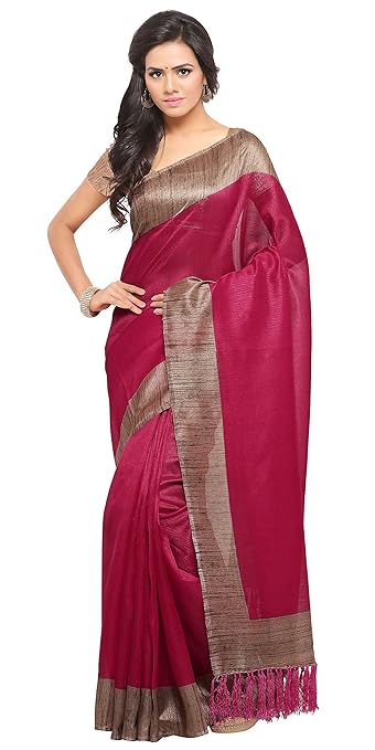 Magenta Tussar Silk Plain Traditional Saree For Women