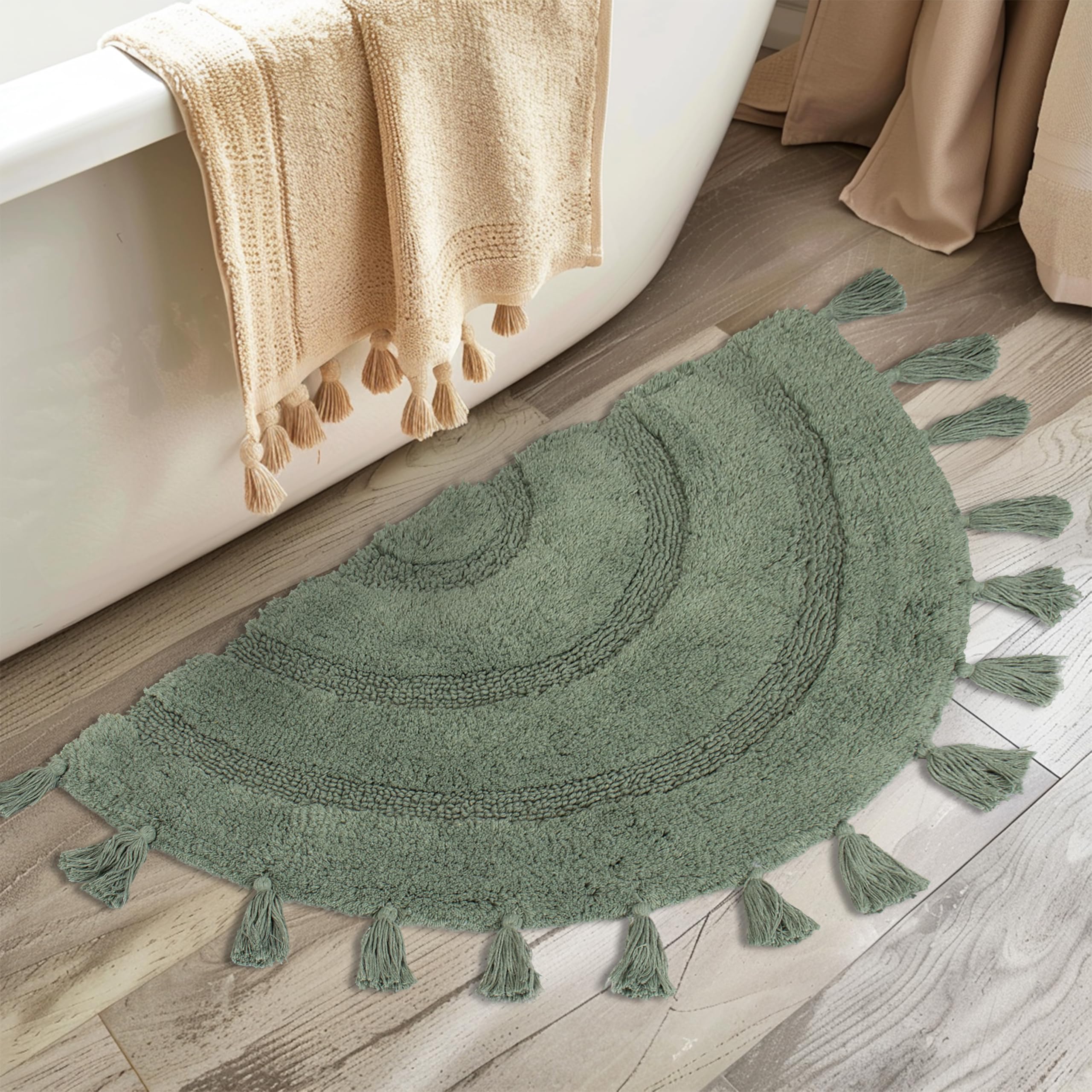 Photo 1 of KOEXM Half Circle Boho Bathroom Rugs with Tassels for Bohemian Bedroom Soft Half Circle Rug Handcrafted Crochet Cotton Non Slip Absorbent Washable Rug Cute Bath Mats for Boho Bathroom Decor 32"x20"