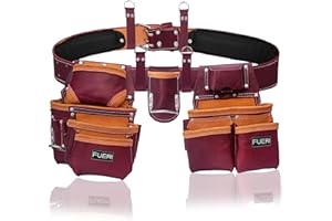 Fueri Heavy Duty 19-Pocket Maroon Leather Tool Belt, Multipurpose Work Organizer Pouch/Bag for Carpenter, Construction, Handyman, and Electrician – Fat Lip Tool Holder.