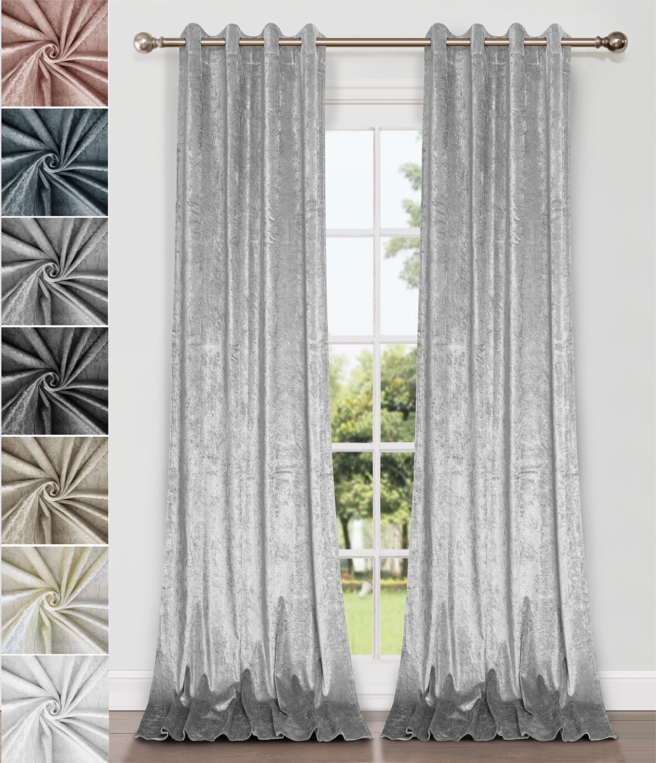 Home Direct Pair of Crushed Velvet Curtains, Eyelet Ring Top, Unlined, Silver Light grey, 2 panels, 140cm x 260cm 55" x 102"