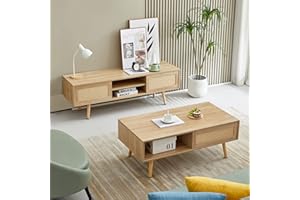 YOUGUO Coffee Table and TV Stand Set of 2, Boho TV Console Coffee Table Set with Sliding Doors, Entertainment Center Set for Living Room (Natural)