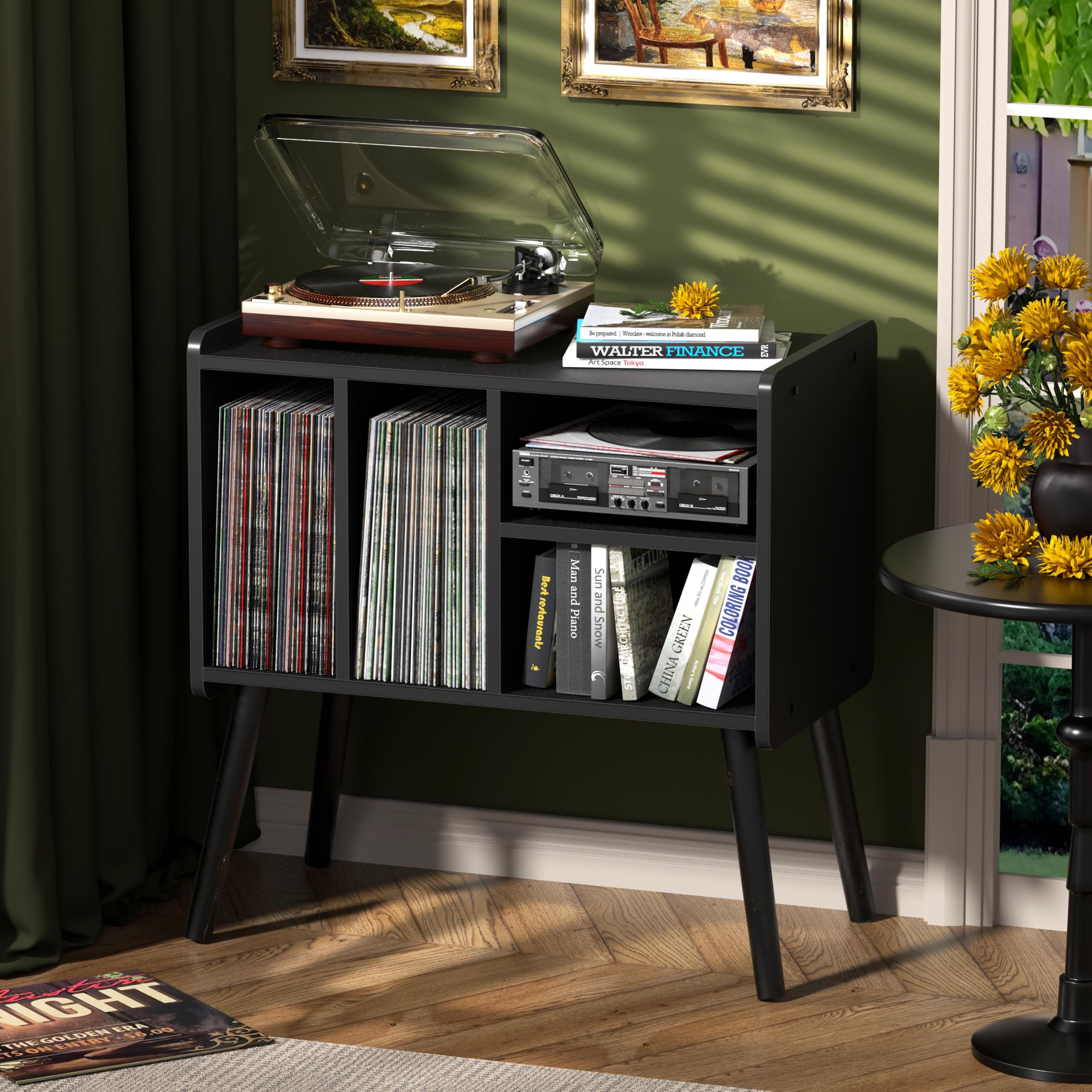 UODERS Record Player Table, Mid-Century Stand with Vinyl Black