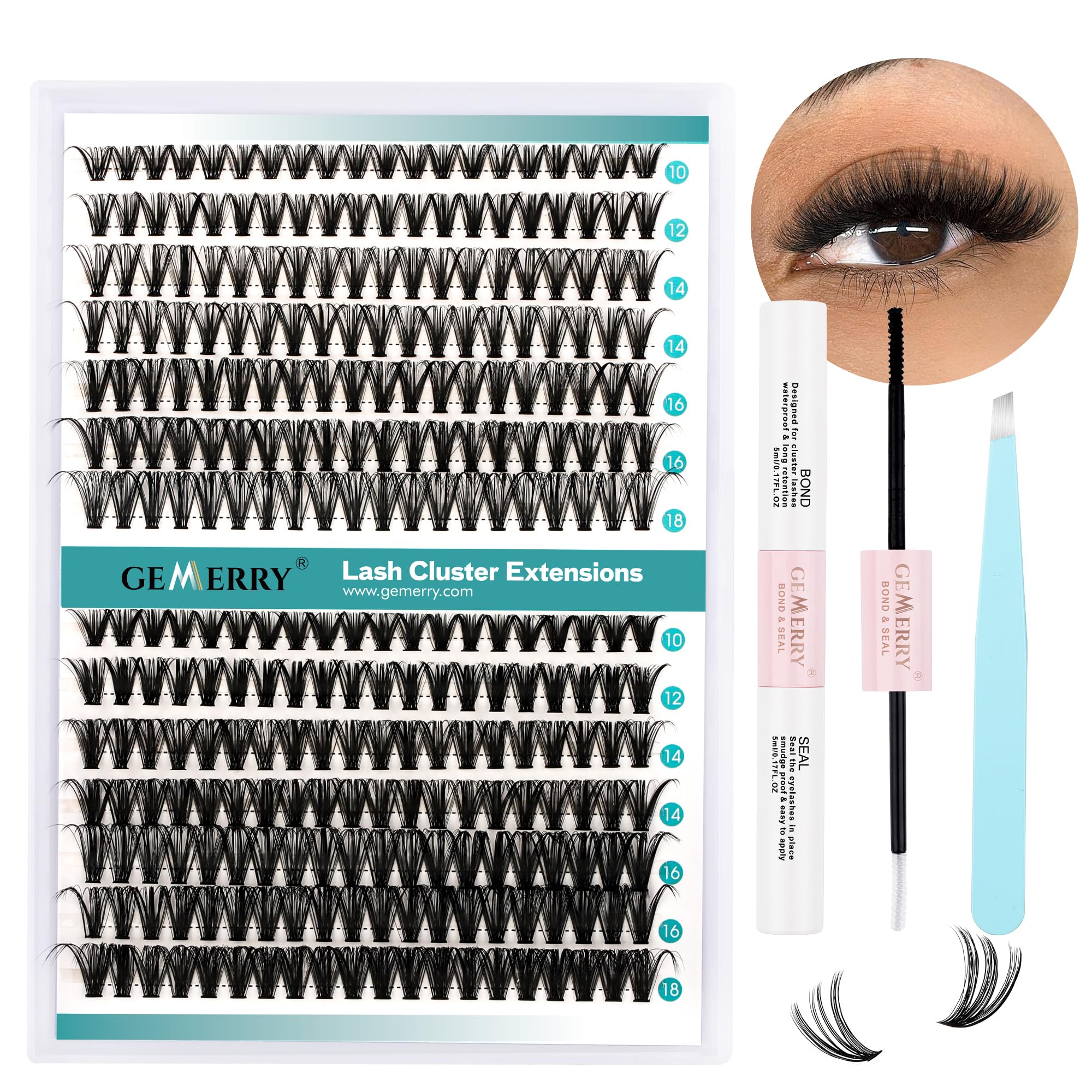 GEMERRY DIY Cluster Eyelash Extensions Kit with Lash Bond and Seal and Applicator for Beginners 280 PCS Individual Lash Cluster Kit 0.07D 10-18 Mix, DIY at Home (30D+40D-0.07D,10-18MIX-KIT)