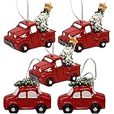 Red Truck Christmas Ornaments - 3 Pickup Trucks and 2 Cars Carrying Christmas Trees for The Holidays - Vintage Xmas - Each Measures 2" W X 1.5" H