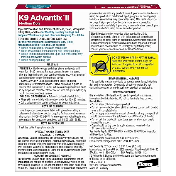 K9 ADVANTIX II MEDIUM DOG VET-RECOMMENDED FLEA, TICK & MOSQUITO TREATMENT & PREVENTION | DOGS 11-20 LBS. | 2-MO SUPPLY