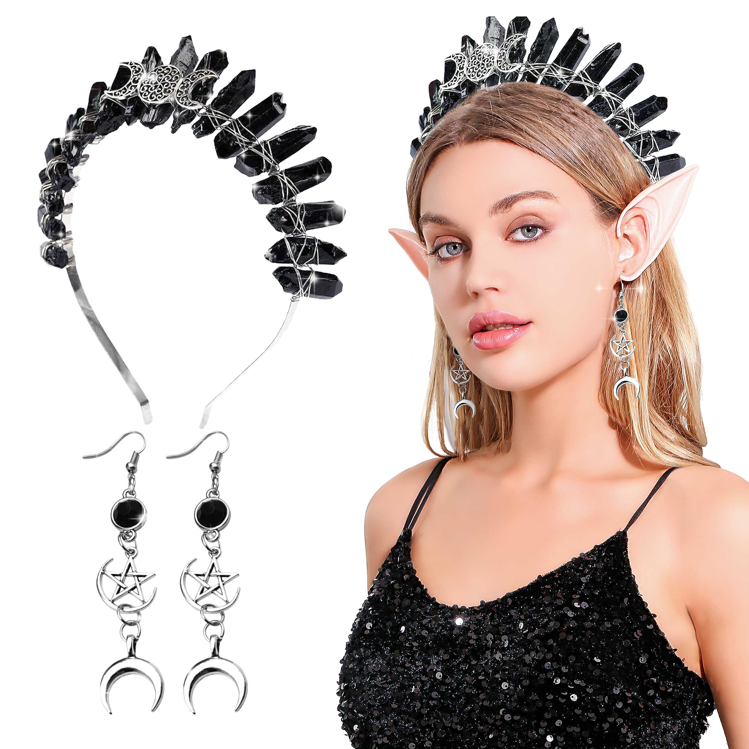 LaVenty Black Witch Tiara Accessories Moonstone Tiara Viking Crown Renaissance Festival Headband Moon Goddess Costume Headband Costume
