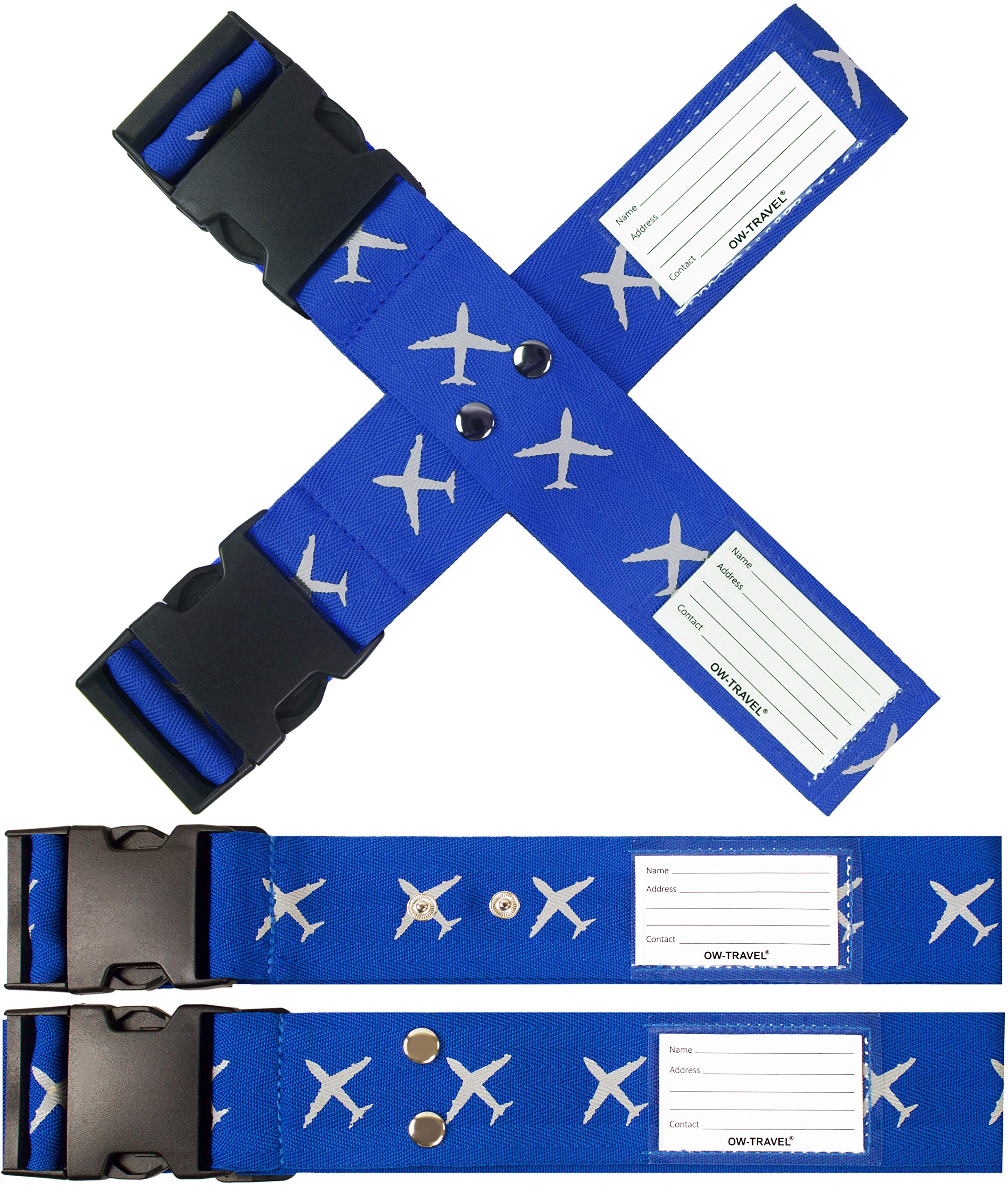OW-Travel Cross Luggage Straps for Suitcases (2 Pack Blue) Easy to Spot Personalised Suitcase Straps with Address labels. Case Strap Suitcase Strap Luggage Belt for Bags Baggage with Name Card Slot