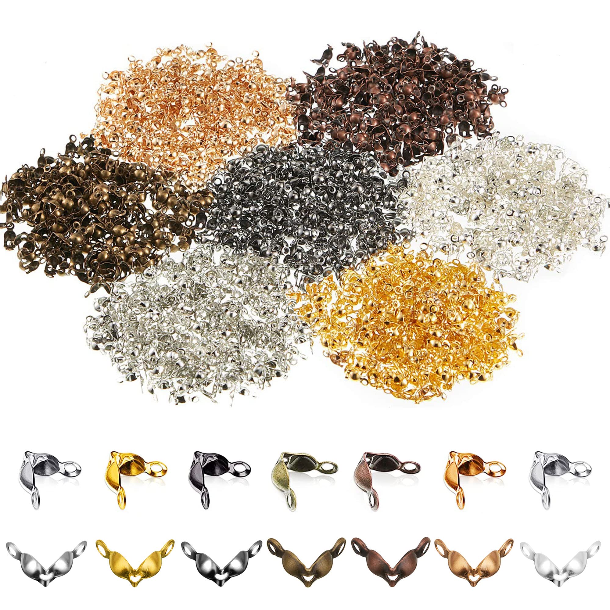 Allazone 1400 PCS Bead Tips Knot Covers Clamshell Fold-Over Bead Tips Knot, 7 Colors Covers Metal Open for DIY Crafts Jewelry Making (7 Color)