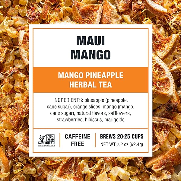 TIESTA TEA MAUI MANGO, LOOSE LEAF, MANGO PINEAPPLE HERBAL TEA, PREMIUM NON-CAFFEINATED FRUIT BLEND, MAKES HOT OR ICED & BREWS UP TO 25 CUPS, 2.2 OUNCE RESEALABLE POUCH
