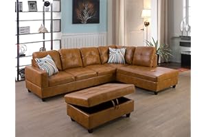 A Ainehome L-Shape Sectional Sofa Set, Ginger, Right Hand Facing, Tufted Leather, Storage Ottoman, Toss Pillows