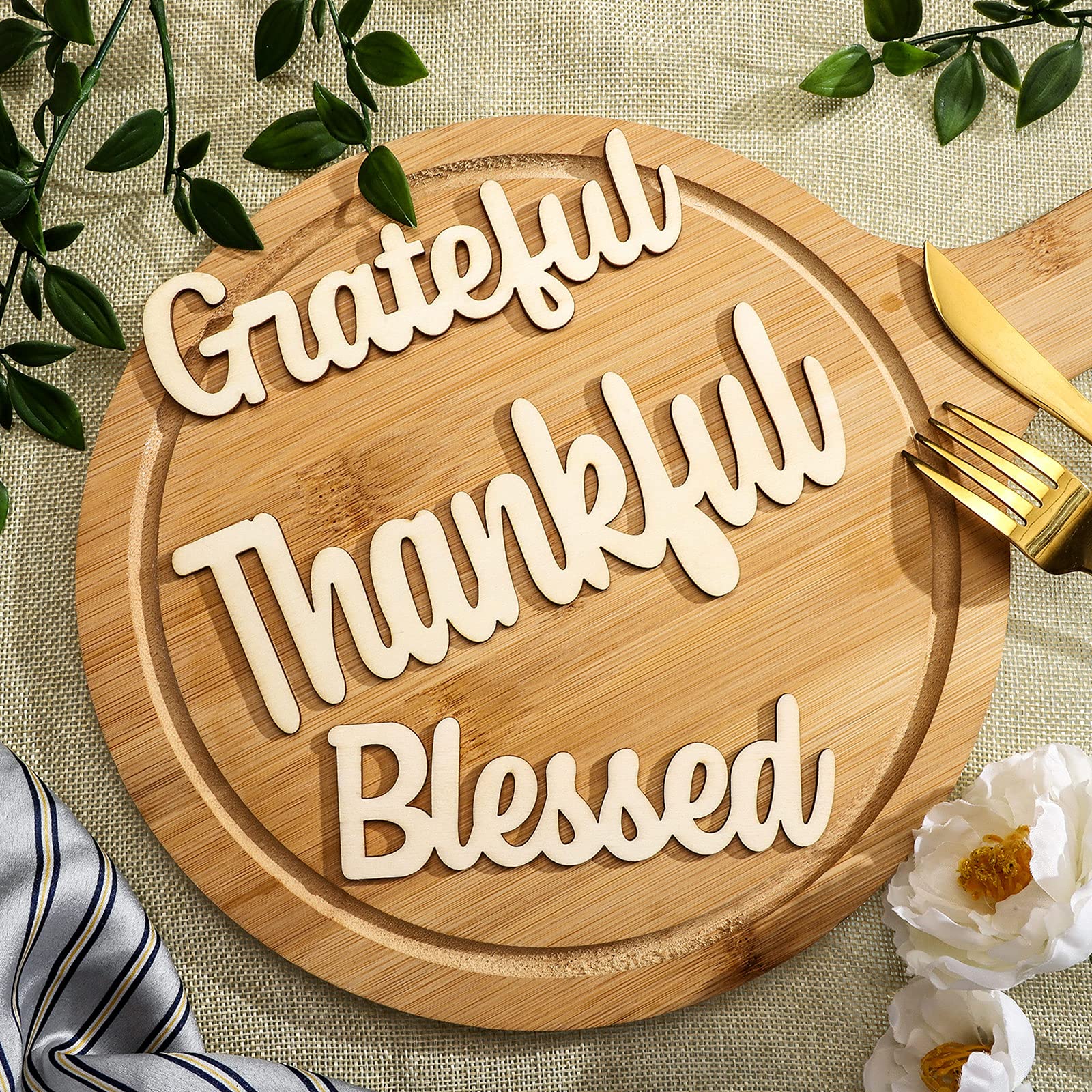 Photo 1 of 12 Pieces Thankful Grateful Blessed Wood Cutout Thankful Plate Letter Sign Decor Rustic Inspirational Letter Cutout Small Thanksgiving Tabletop Decor Sign for Thanksgiving Decor (Natural Color)