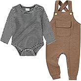 CARETOO Newborn Baby Boy Clothes Infant Boy Romper Fall Winter Outfits Bodysuit 2Pcs Striped Long Sleeve Top Overalls 0-18M