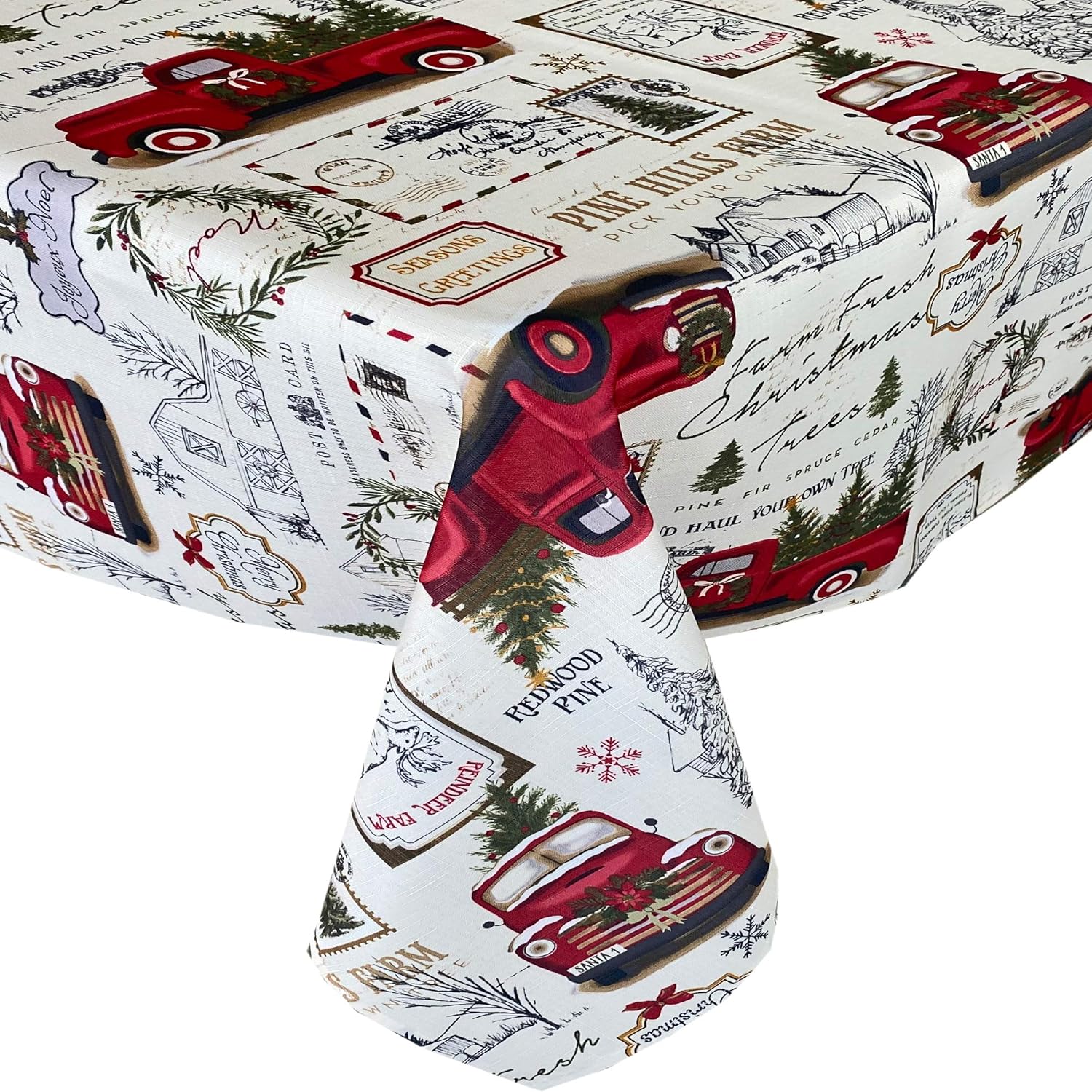 Newbridge Pine Hill Christmas Tree Farm Fabric Holiday Tablecloth - Nostalgic Retro Christmas Farm Truck Print No Iron and Stain Resistant Fabric Tablecloth, 60” x 84” Oblong/Rectangle