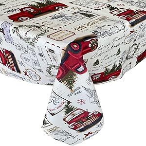 Newbridge Pine Hill Christmas Tree Farm Fabric Holiday Tablecloth - Nostalgic Retro Christmas Farm Truck Print No Iron and Stain Resistant Fabric Tablecloth, 60” x 84” Oblong/Rectangle