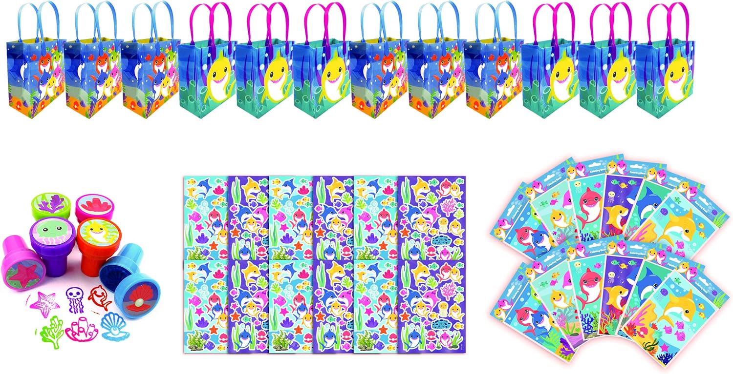 TINYMILLS Shark Family Party Favor Set of 60 Pcs (12 Treat Bags, 24 Stampers, 12 Sticker Sheets, 12 Coloring Book Set with Crayons)