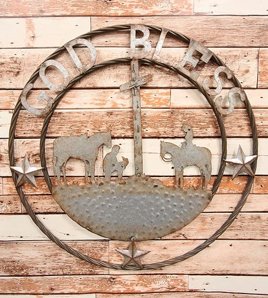 Amazon Com Ebros Gift Oversized 24 Wide Vintage Rustic Round Sign Braided Rope Galvanized Metal Circle Wall Decor 3d Art Decorative Greeting Plaque Western Country Ranch Home Praying Cowboys God Bless Everything Else