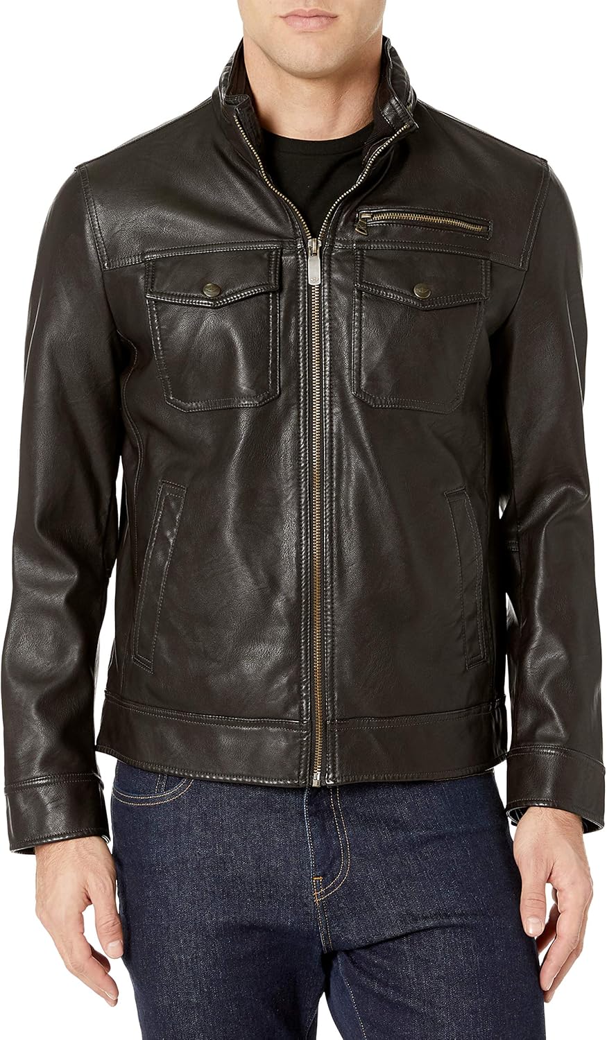 Dockers Men's Faux Leather Classic Trucker Jacket, dark brown, Medium