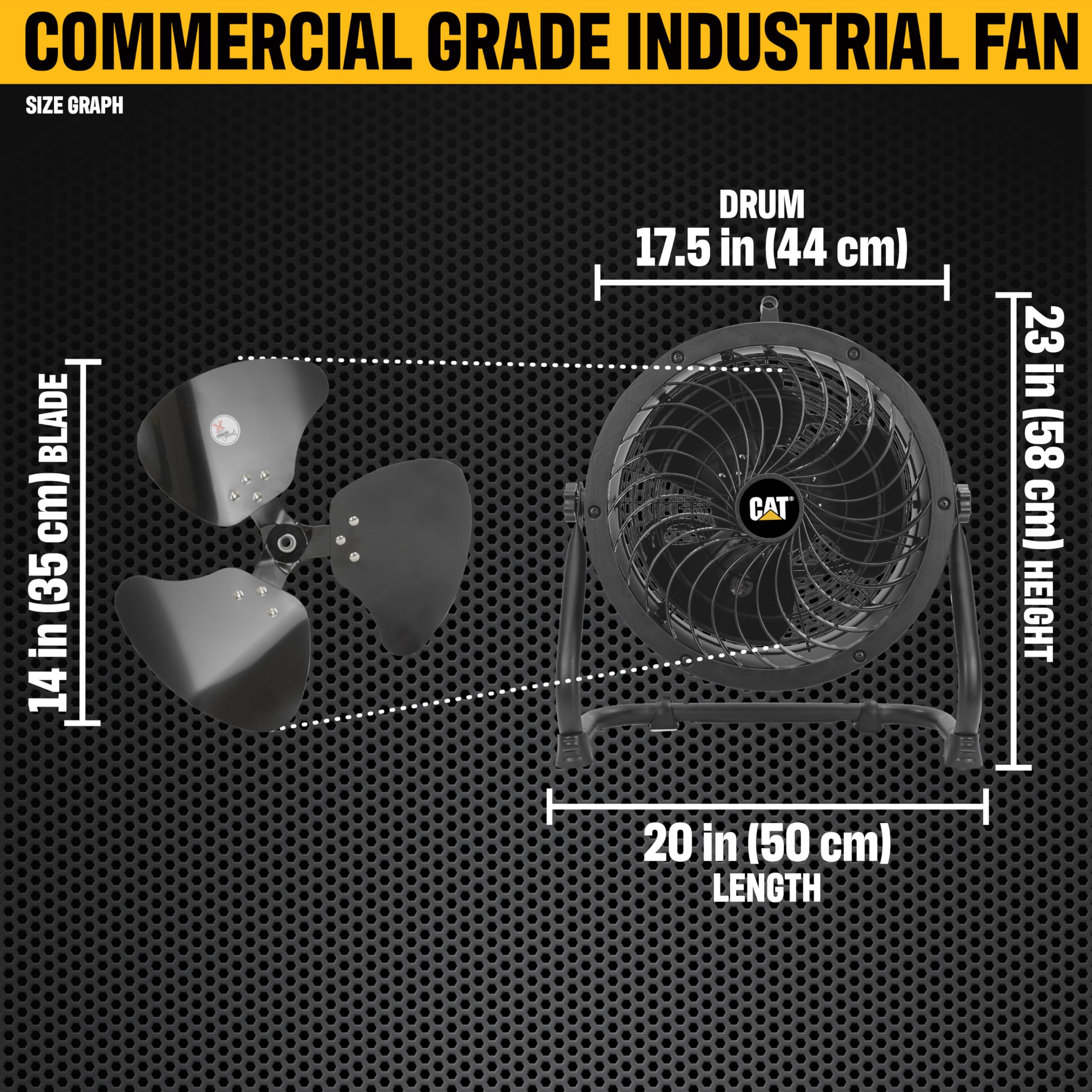 CATERPILLAR 14 inch Heavy Duty Industrial High Velocity Drum Air Circulator Utility Shop Floor Fan, 360 degree Pivoting Metal Drum Head, 2300 CFM, Dual Ball Bearing 4-speed Motor, BLACK