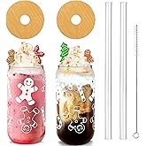 ANOTION Useful White Elephant Gifts for Adults Holiday - New Year Gift 18oz Christmas Coffee Mugs Glass Cups with Lids and Straws Gingerbread Tumbler Drinking Glassware Drinkware Gifts for Women