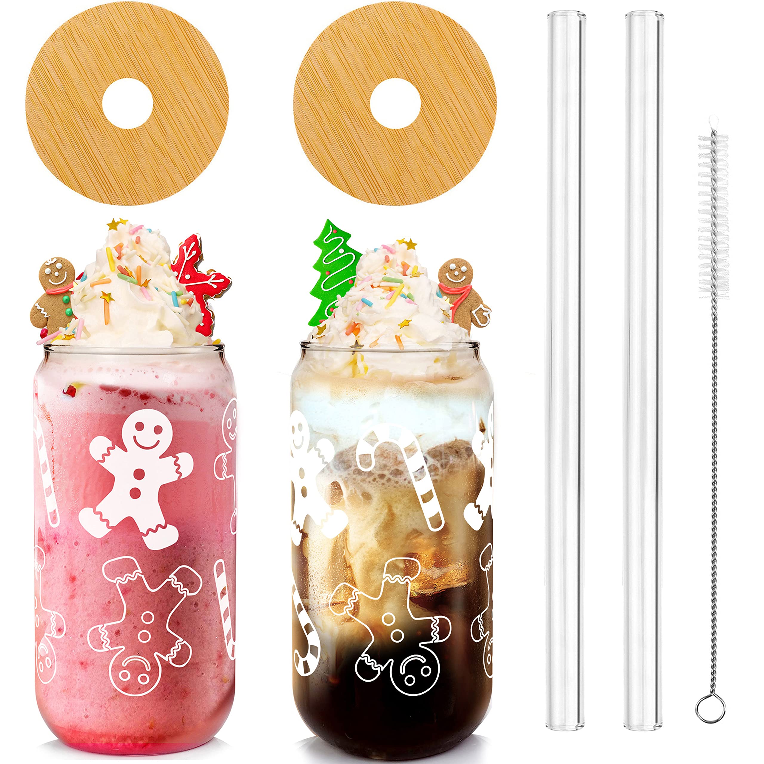 Christmas Cups, 18oz/532ml Christmas Coffee Mugs Beer Glass with Lid and Straw Christma Gingerbread Tumbler Drinking Glasses Glassware Drinkware Cookie Jar Home Decorations Gifts for Women Kids Men