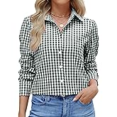 Dookttker Women Slim Fit Cotton Gingham Button Down Shirts Casual Blouses Tops Work Summer Clothes Fashion Outfits