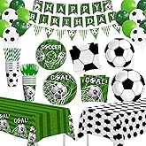 FVABO Soccer Party Decorations, Sports Theme Soccer Birthday Party Supplies Tableware, Paper Plates and Napkins Set, Cups, Disposable Forks, Tablecloth, Banner, Balloons, Serves 24