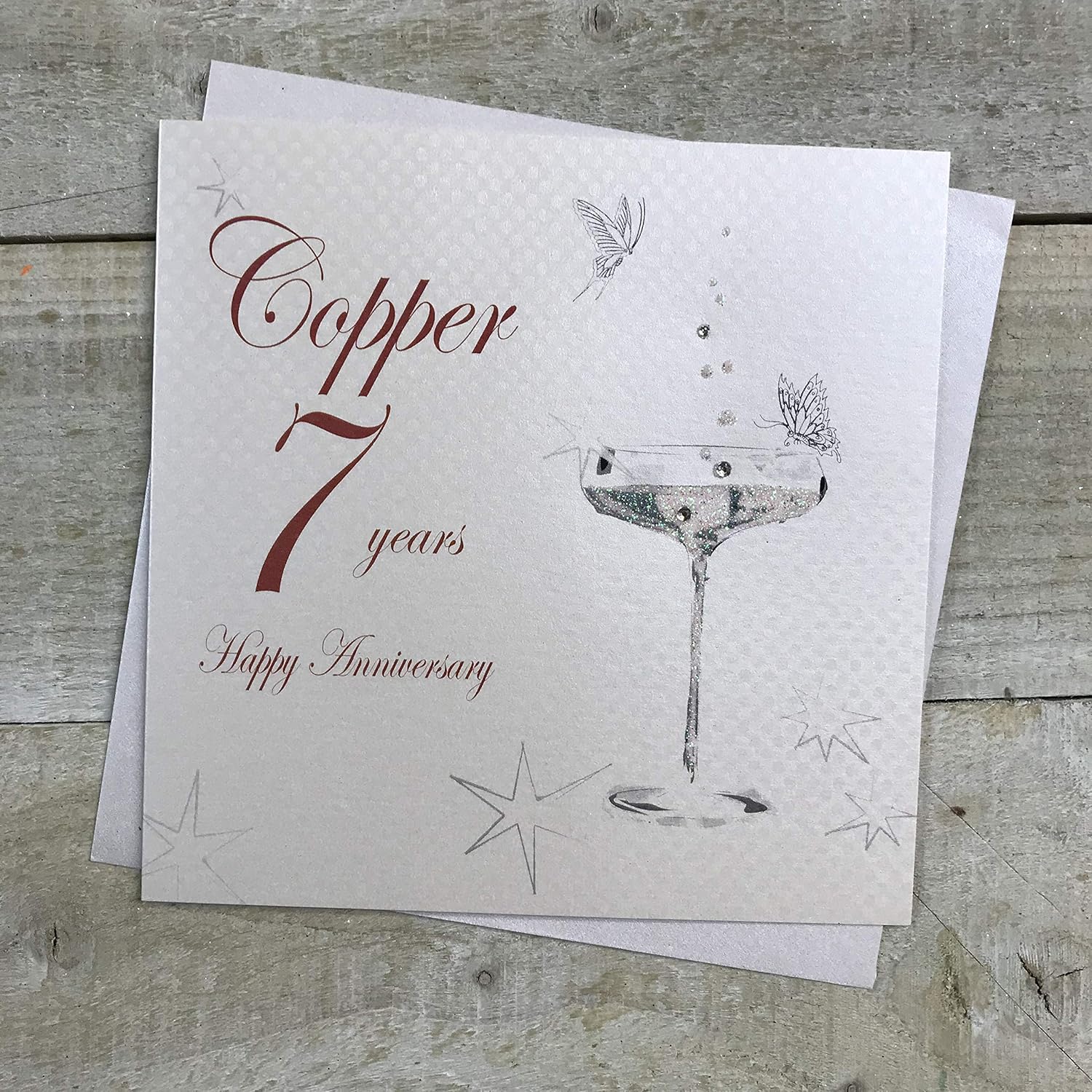 WHITE COTTON CARDS BD107C Coupe Glass Happy Anniversary 'Copper' 7 Years Handmade Anniversary Card, White