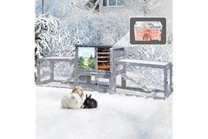 COZIWOW Insulated Large Rabbit Hutch Outdoor Indoor Bunny Cage, 2-Level Wooden Small Animal House Pet Enclosure with Insulation Liner & All-Covered Sloped Roof, Colorful Patterns (Grey)