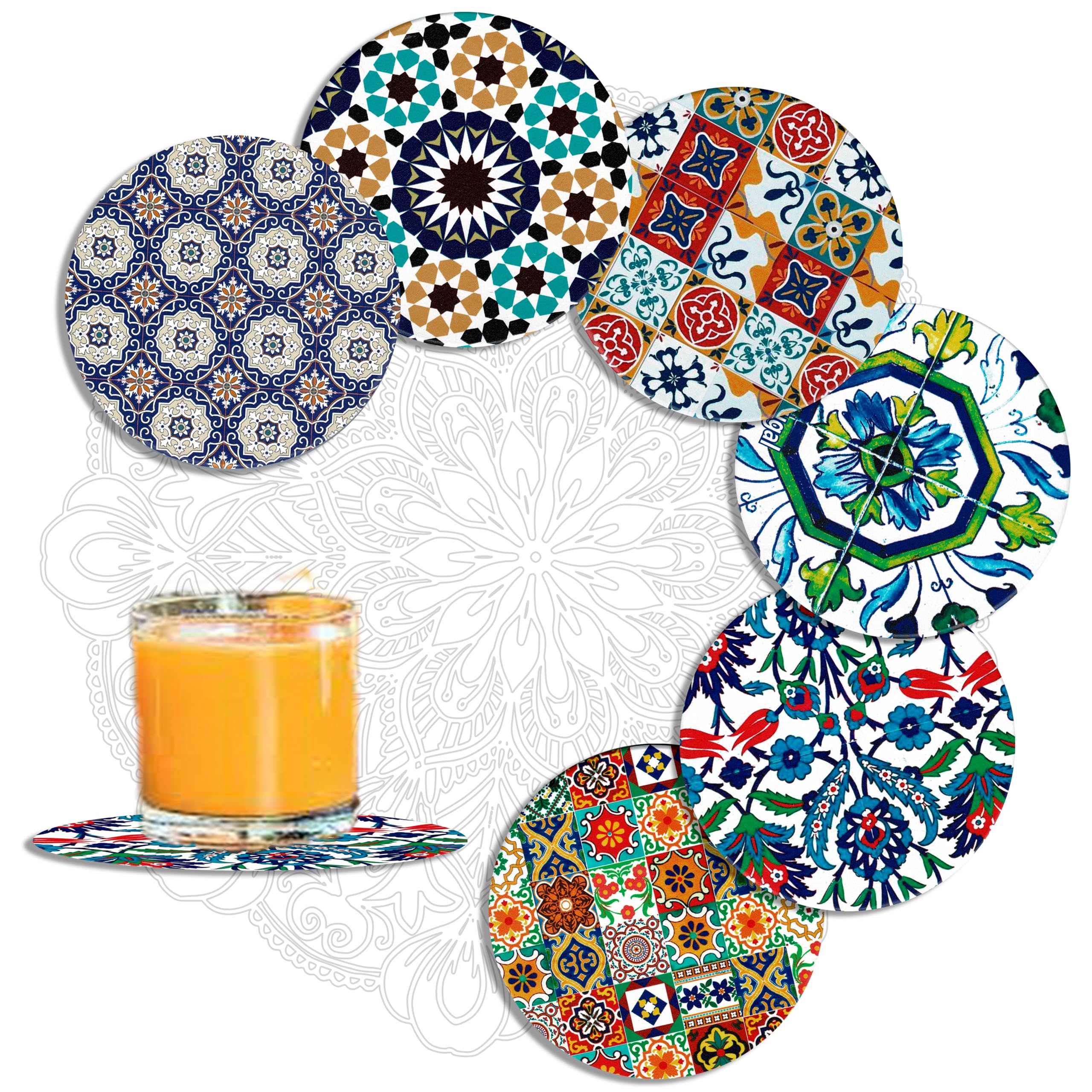 MALANGI Drink Coasters Set of 6 - Ceramic Turkish Coasters - Absorbent Giftable Coaster - Non-Scratch Top & Non-Slip Cork Base (Style 7 Without Stand)
