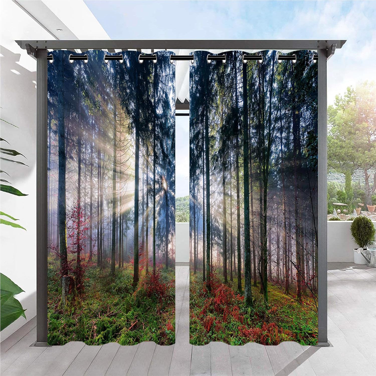 Outdoor Curtains - ANHOPE Outdoor Curtains for Patio Waterproof Grommet Window Curtain Panels with Nature Forest Tree Woodland Print Pattern Privacy Outside Curtains for Pergola Gazebo Porch Cabana 2 Panels 54 x 96 Inch