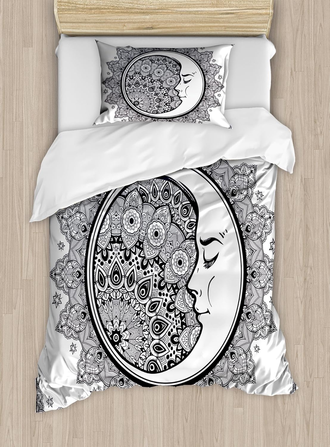 Ambesonne Zodiac Duvet Cover Set, Intricate Boho Mandala Form with Crescent Moon Foreground Alchemy, Decorative 2 Piece Bedding Set with 1 Pillow Sham, Twin Size, Navy White