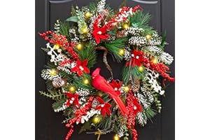 Christmas Wreath with Lights, Soomeir 24 Inch Lighted Christmas Wreaths for Front Door with Pine Needles and Berries, Large Prelit Wreath for Holiday Winter Window Outdoor Indoor Xmas