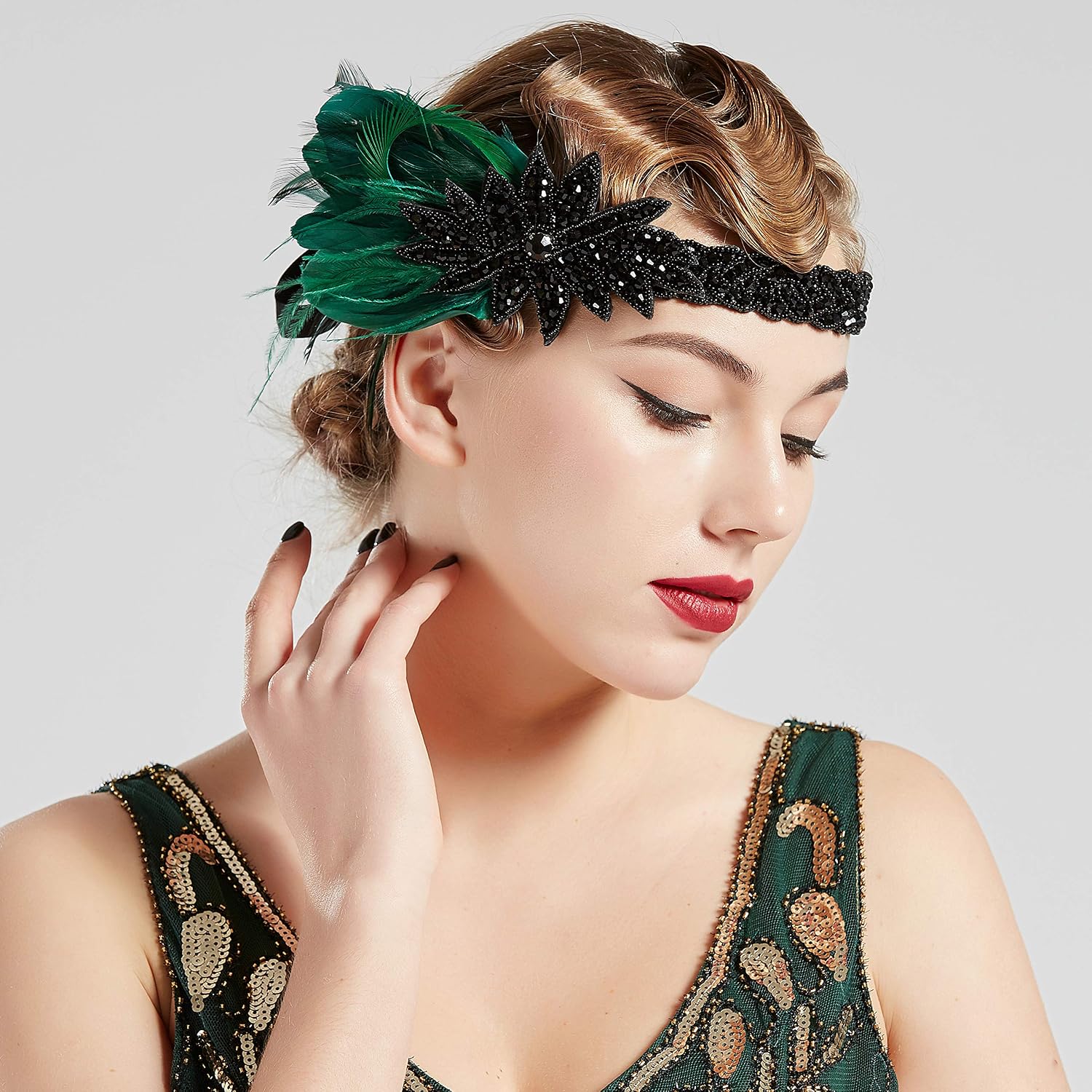 BABEYOND 1920s Feather Flapper Headband - Great Gatsby Headpiece Roaring 20s Hair Accessories for Gatsby Party Prom, Cocktail Darkgreen - Image 4