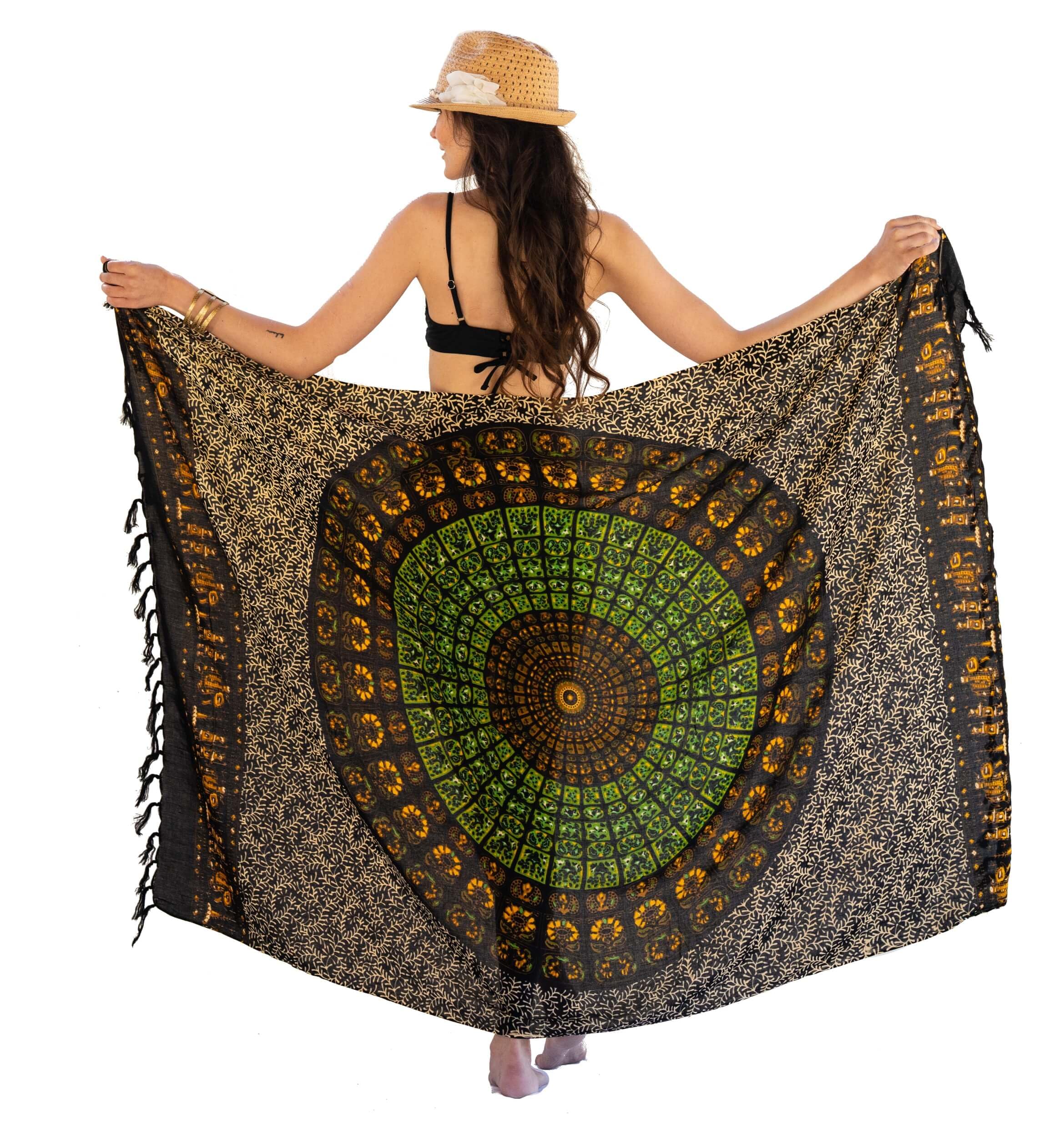 NELUHA Women's Sarong Scarf with Sarong Holder Pareo Wrap Towel Dress Wrap Skirt Women's Beach Towel XXL Cloth Men Pareo Women's Beach Towel Women's Mandala Brown Green, mandala green orange,
