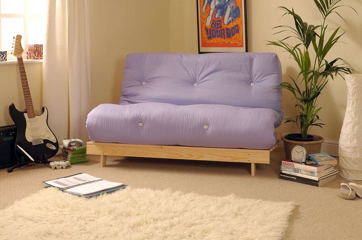 Comfy Living 4ft Small Double 120cm Wooden Futon Set with LILAC